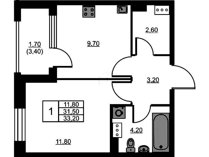 1-комнатная квартира 33.2 м², 9/13 эт., ЖК «Тайм Сквер»